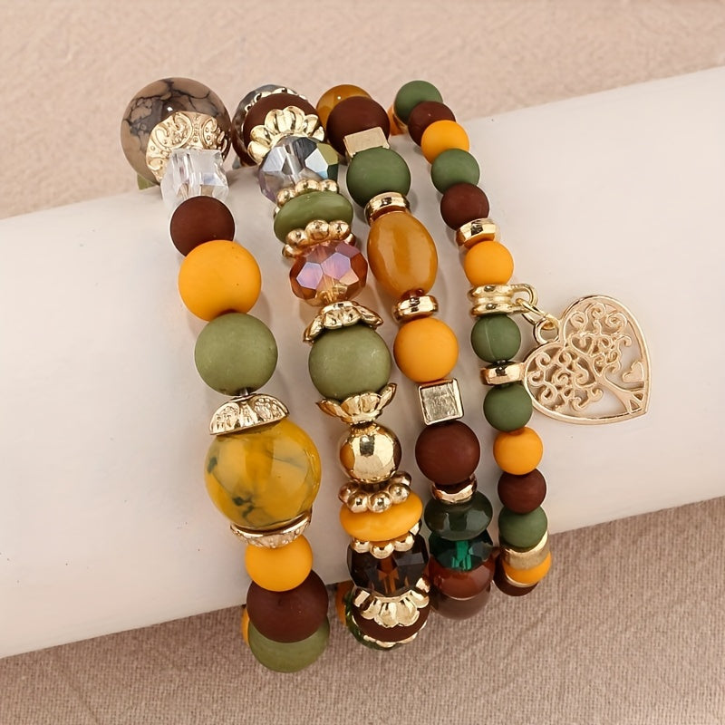 Boho Beaded Jewelry Set for Women – Multi-Layer Handmade Bracelets with Colorful Rice Beads, Hollow Heart Charm, and Artificial Crystal Accents – Festival-Ready Fashion Gift